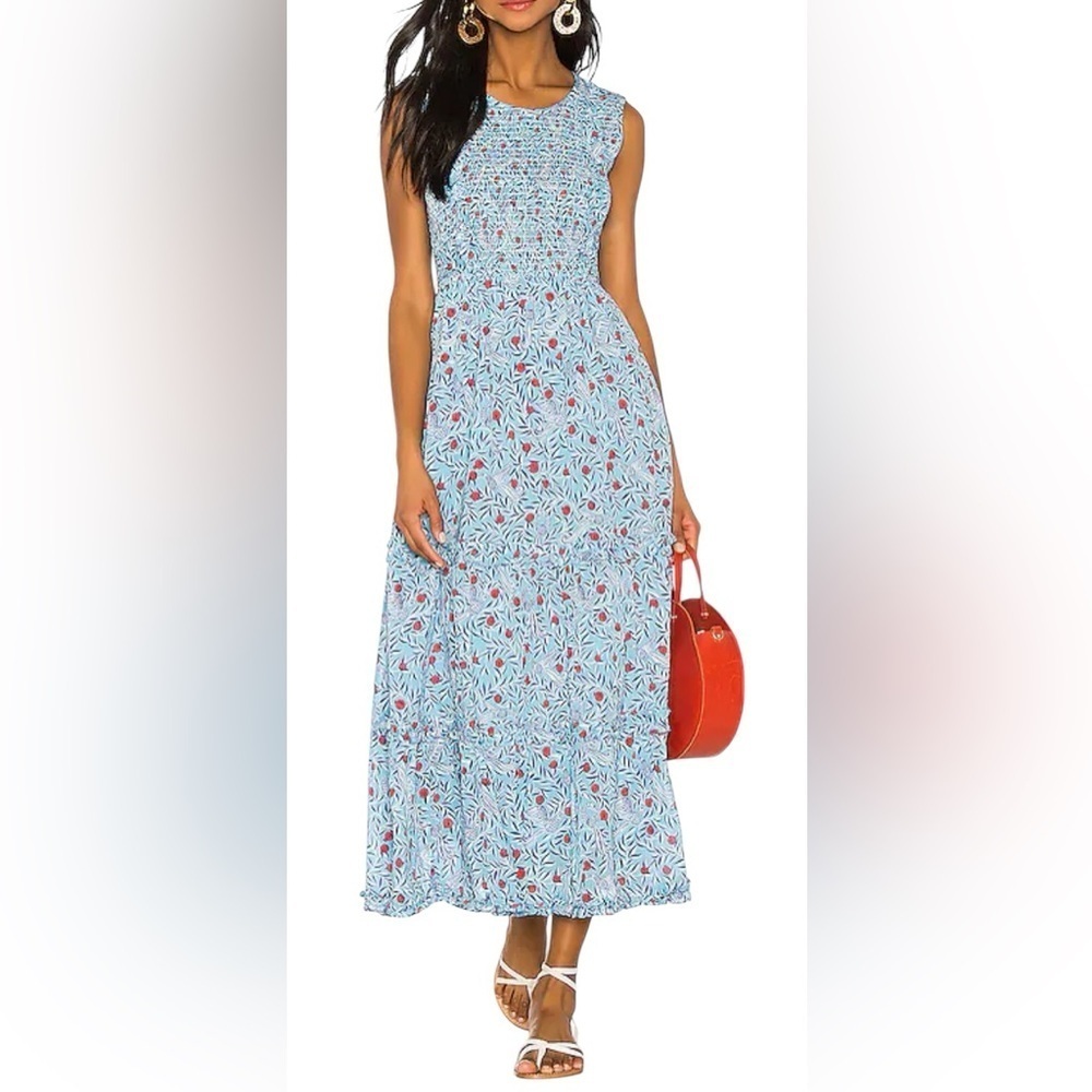 Banjanan Tiered Delph Bird Wave Blue Cotton Dress Size Medium